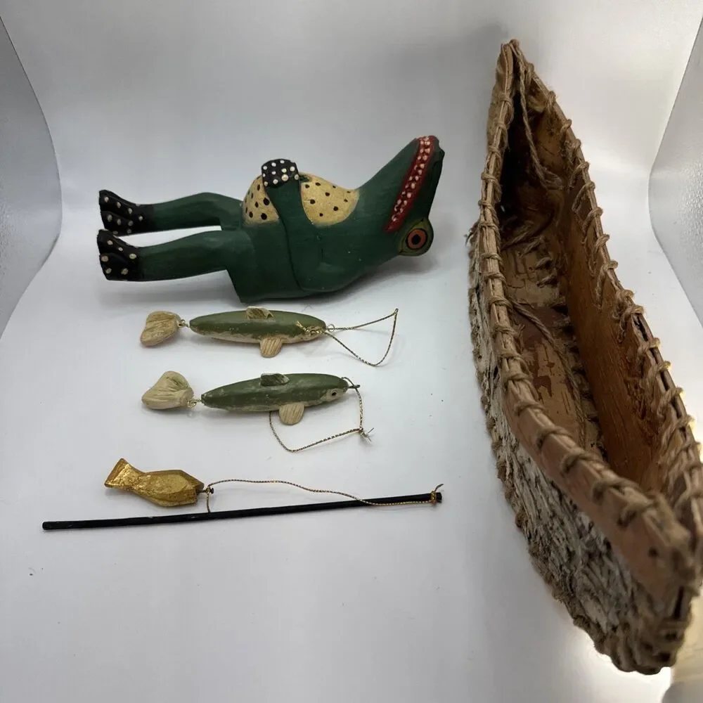 Indonesian Hand Carved Folk Art Alligator VTG Primitive Style Wood W Canoe, Fish